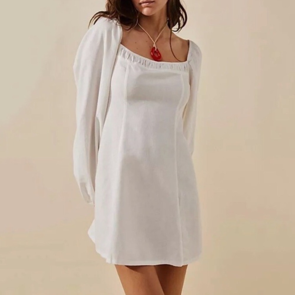 Free People White Cotton Linen Puff Sleeve Mini Dress Smocked Back Cottagecore M